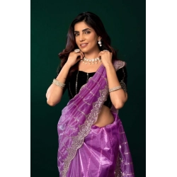 Women's Net Sequence Saree With Unstitched Blouse 5.5Mtr (Lavender)