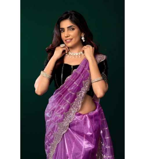 Women's Net Sequence Saree With Unstitched Blouse 5.5Mtr (Lavender)