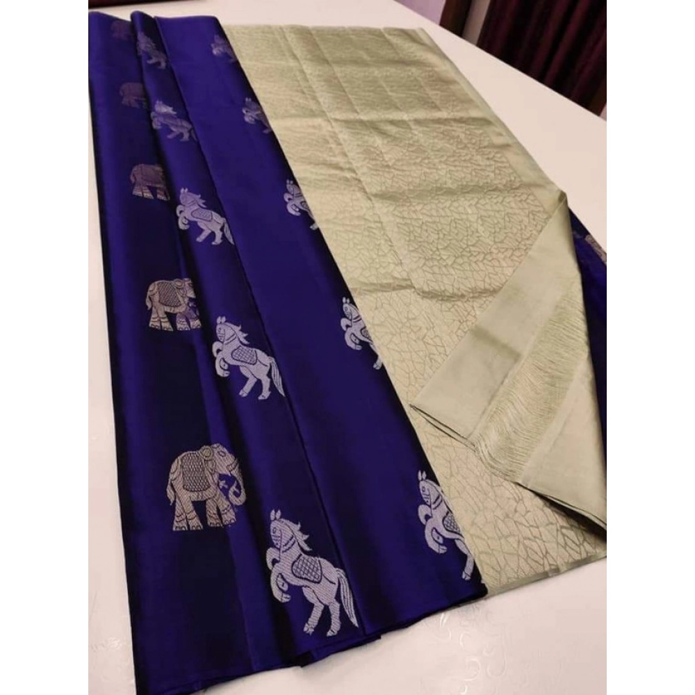 Women's Litchi silk Printed Saree With Unstitched Blouse (Navy Blue With White) Women's Litchi silk Printed Saree With Unstitched Blouse (Navy Blue With White)