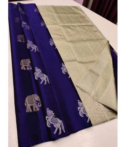 Women's Litchi silk Printed Saree With Unstitched Blouse (Navy Blue With White)