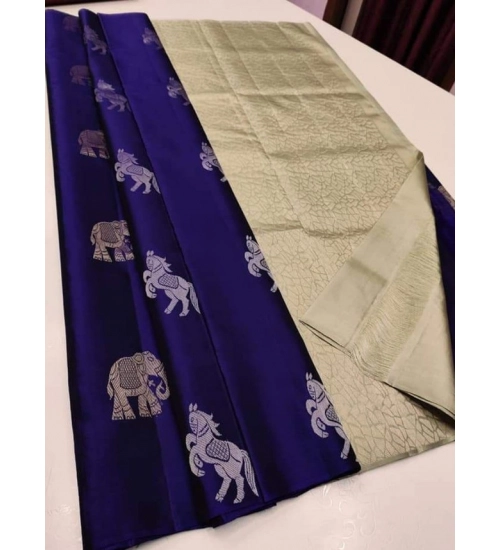 Women's Litchi silk Printed Saree With Unstitched Blouse (Navy Blue With White)