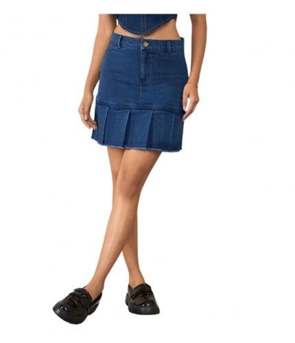 Women's Denim Washed Buttoned Skirt (Blue)