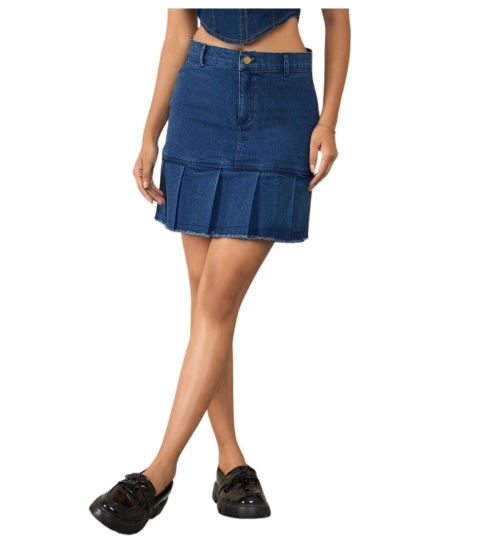 Women's Denim Washed Buttoned Skirt (Blue)