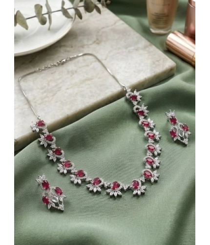 Women's Brass Silver Plated Necklace set (Red)