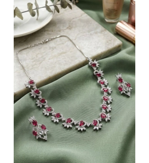 Women's Brass Silver Plated Necklace set (Red)