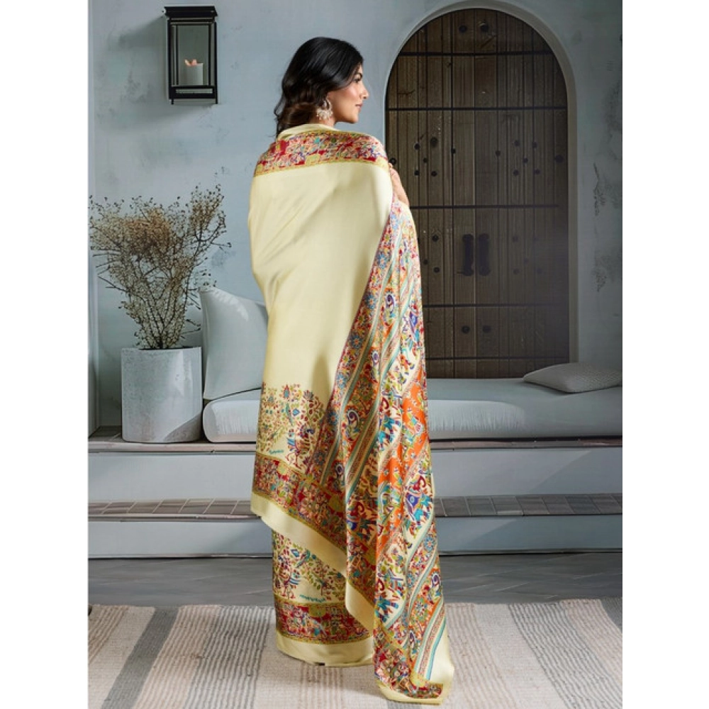 Women's Satin Crepe Printed Saree With Unstitched Blouse 5.5Mtr (Cream)