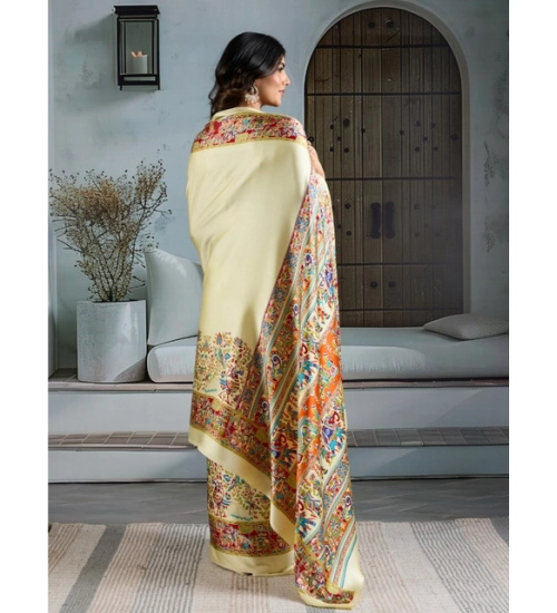 Women's Satin Crepe Printed Saree With Unstitched Blouse 5.5Mtr (Cream)