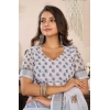 Women's Faux Linen Floral Print Ready to wear Saree With Unstitched Blouse 5.5Mtr (Off_White)