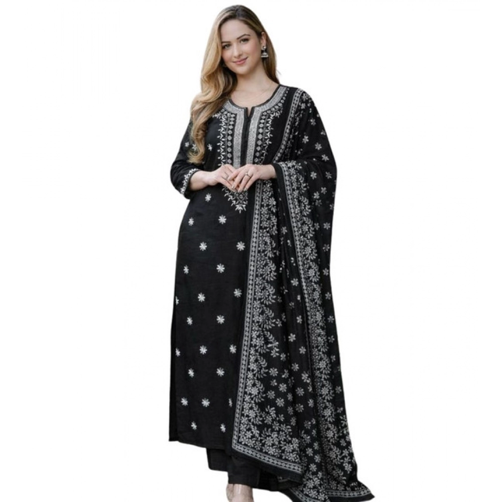 Women's Chanderi Silk Ethnic Motif Round 3/4th Sleeve Kurti With Pant Dupatta Set (Black)