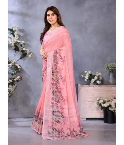 Women's Linen Cotton Printed Saree With Unstitched Blouse 5.5Mtr (Peach) Women's Linen Cotton Printed Saree With Unstitched Blouse 5.5Mtr (Peach)