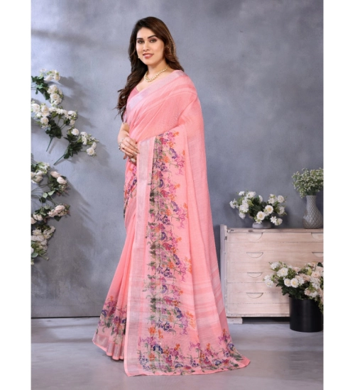 Women's Linen Cotton  Printed Saree With Unstitched Blouse 5.5Mtr (Peach)