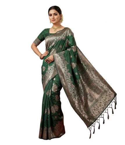 Women's Silk Blend Printed Saree With Unstitched Blouse 5.5Mtr (Dark Green)
