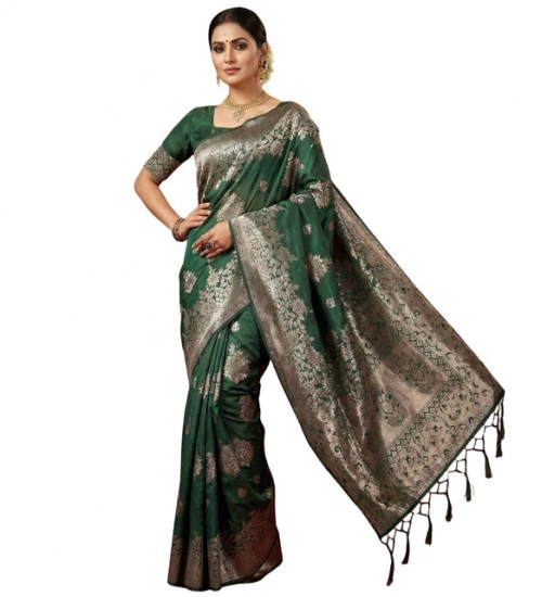 Women's Silk Blend Printed Saree With Unstitched Blouse 5.5Mtr (Dark Green)