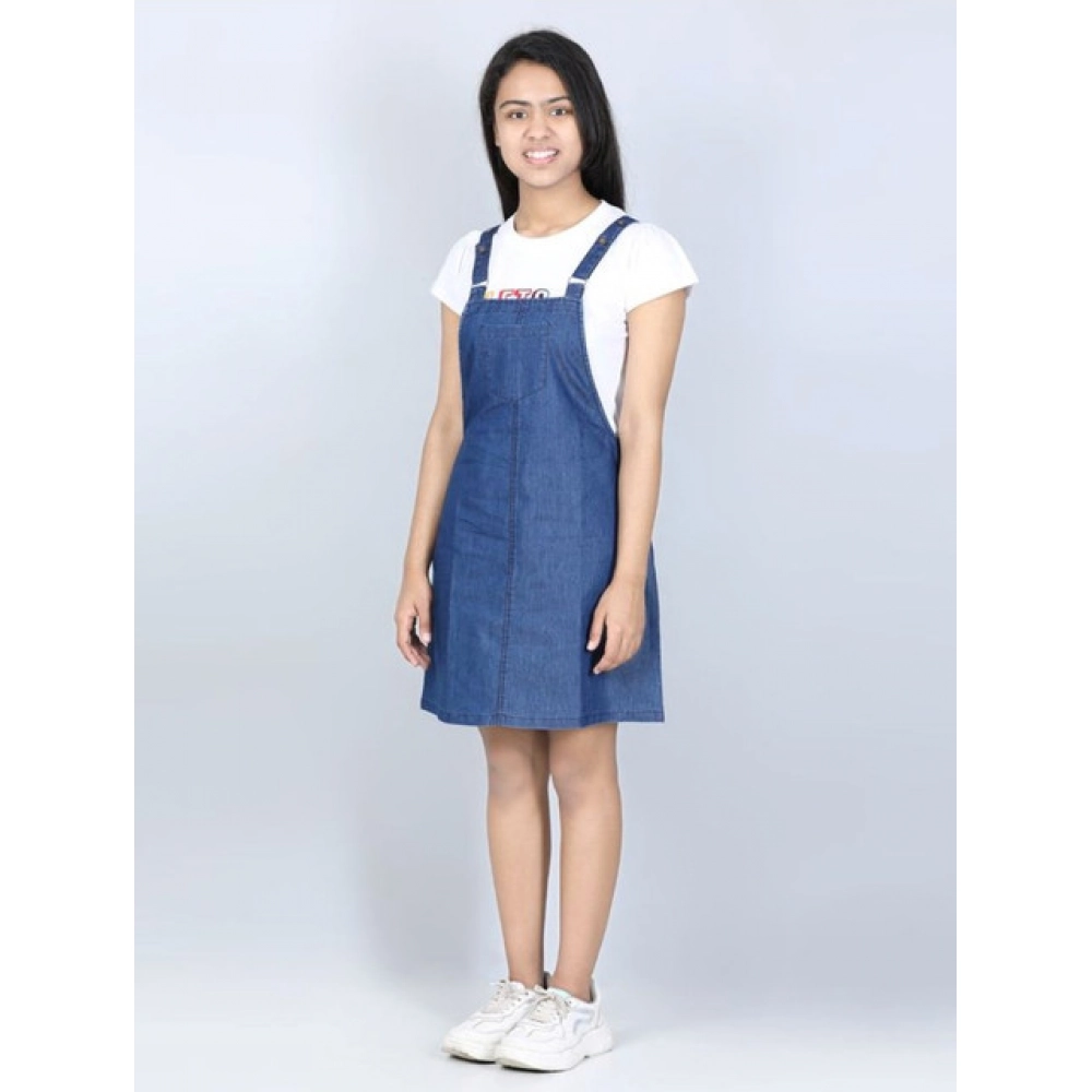 Girl's Denim Solid Sleeveless Dress (Blue) Girl's Denim Solid Sleeveless Dress (Blue)