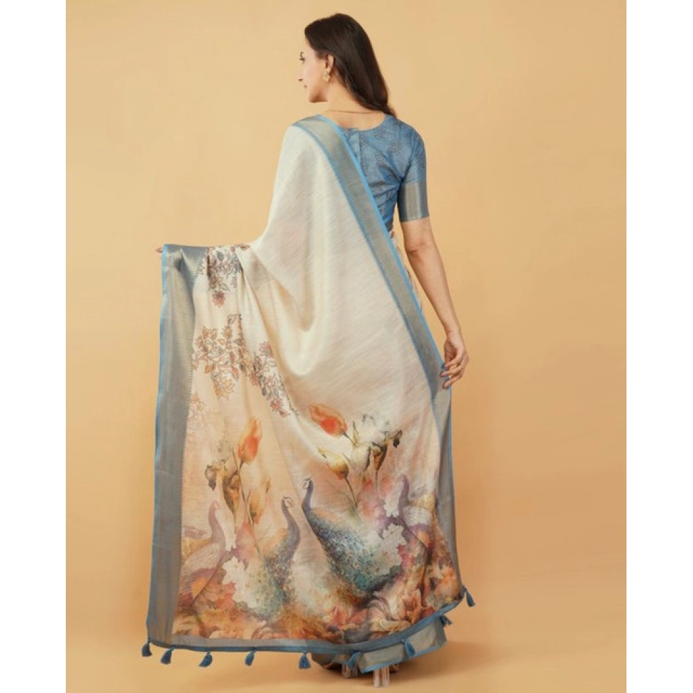 Women's Polyester Printed Saree With Unstitched Blouse 5.5 Mtr (Cream)