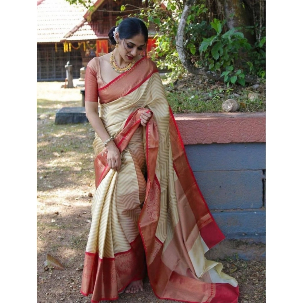 Women's Litchi silk Printed Saree With Unstitched Blouse (Beige)