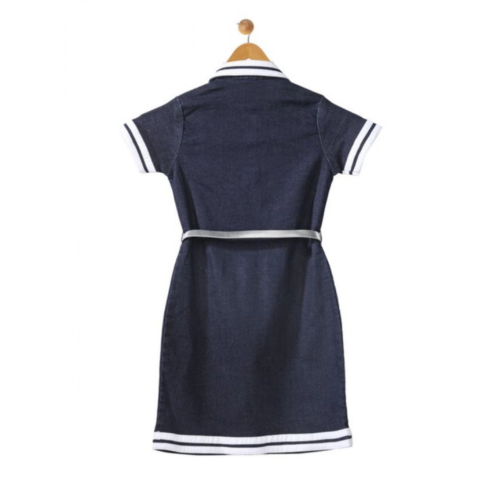 Girl's Denim Lycra Ribbed Elasticated Dress with Belt (Navy Blue-White) Girl's Denim Lycra Ribbed Elasticated Dress with Belt (Navy Blue-White)
