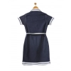 Girl's Denim Lycra Ribbed Elasticated Dress with Belt (Navy Blue-White)
