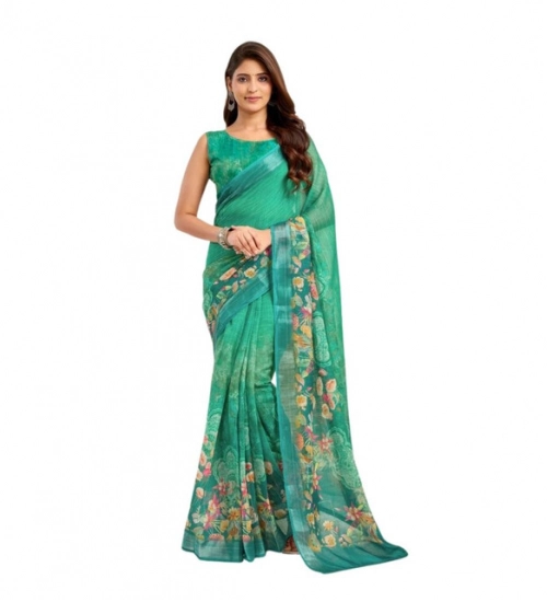 Women's Linen Cotton Printed Ready To Wear Saree With Unstitched Blouse 5.5 Mtr (Green)