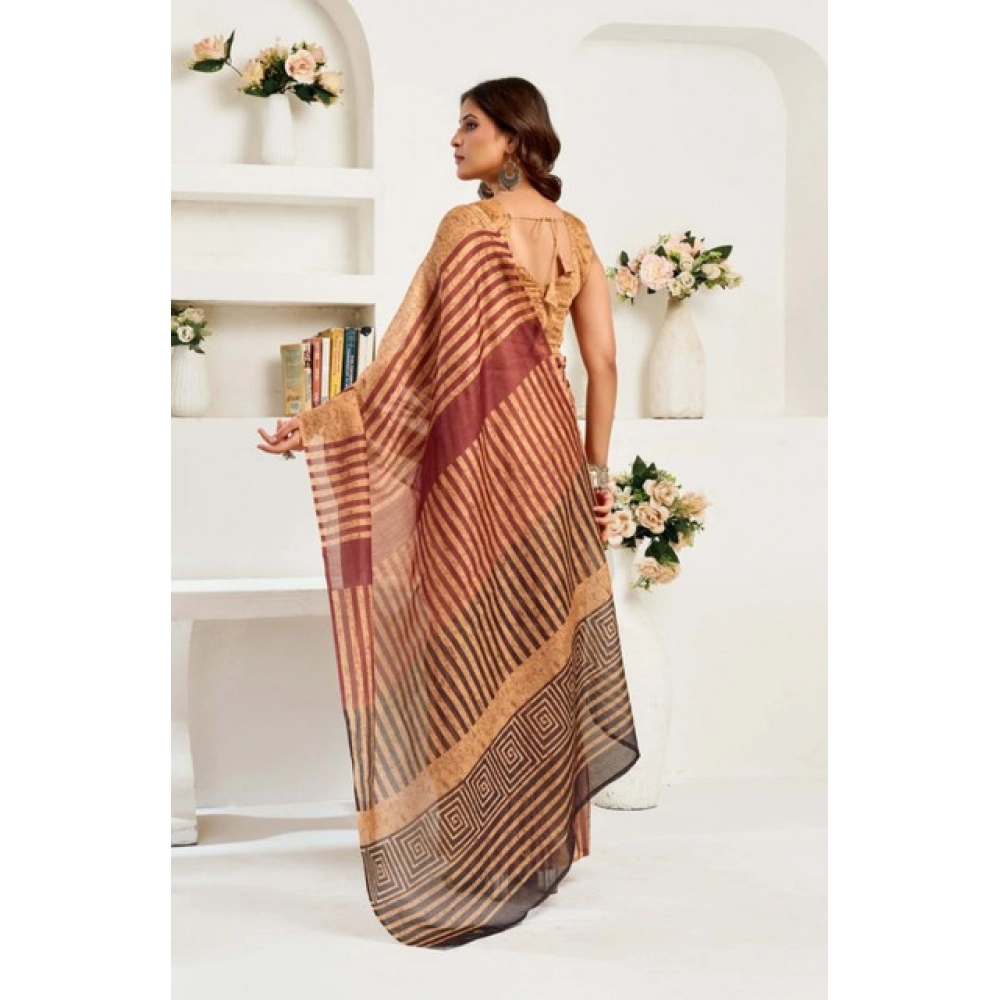 Women's Faux Linen Geometric Print Ready to wear Saree With Unstitched Blouse 5.5Mtr (Brown) Women's Faux Linen Geometric Print Ready to wear Saree With Unstitched Blouse 5.5Mtr (Brown)