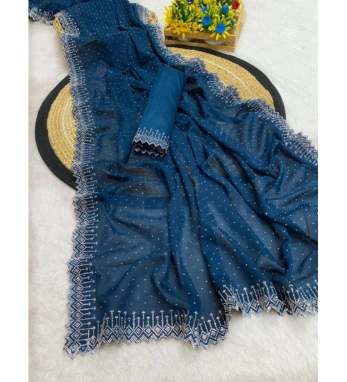 Women's Georgette Stone Work Saree With Unstitched Blouse 5.5Mtr (Light Green)