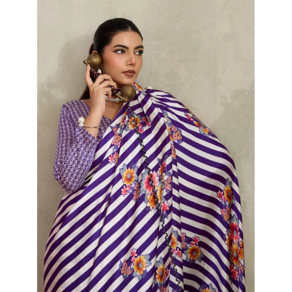 Women's Satin Crepe Printed Saree With Unstitched Blouse 5.5Mtr (Purple)