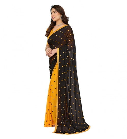 Women's Georgette Printed Saree With Unstitched Blouse 5.5Mtr (Black-Yellow)