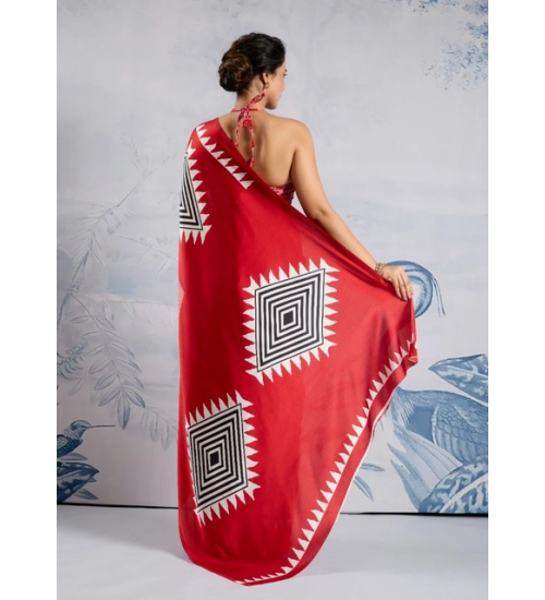 Women's Satin Crepe Printed Saree With Unstitched Blouse 5.5Mtr (Red)