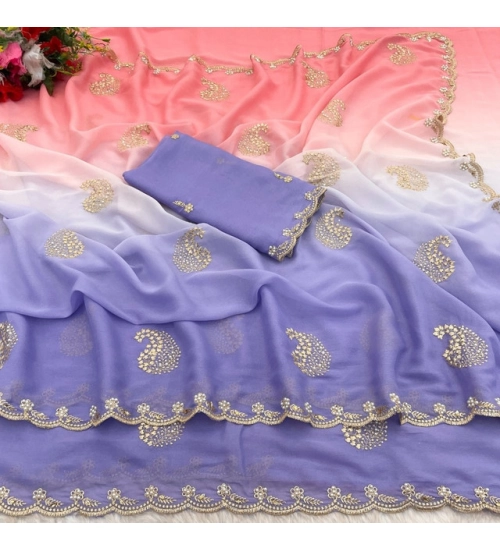 Women's Digital Printed  Geogette Saree With Unstitched Blouse (Purple, 5-6 Mtrs)