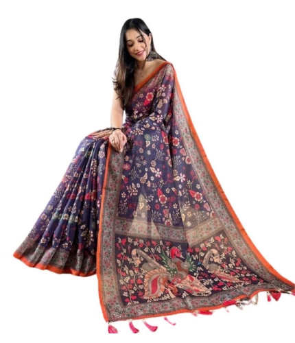 Women's Linen Printed Saree With Unstitched Blouse 5.5Mtr (Blue)
