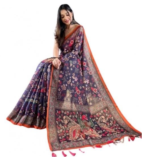 Women's Linen Printed Saree With Unstitched Blouse 5.5Mtr (Blue)