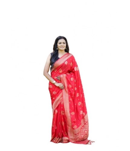 Women's Soft Lichi Silk Printed Saree With Unstitched Blouse 5.5Mtr (Red)