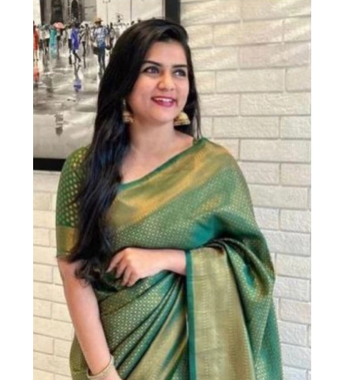 Women's Litchi silk Printed Saree With Unstitched Blouse (Green)