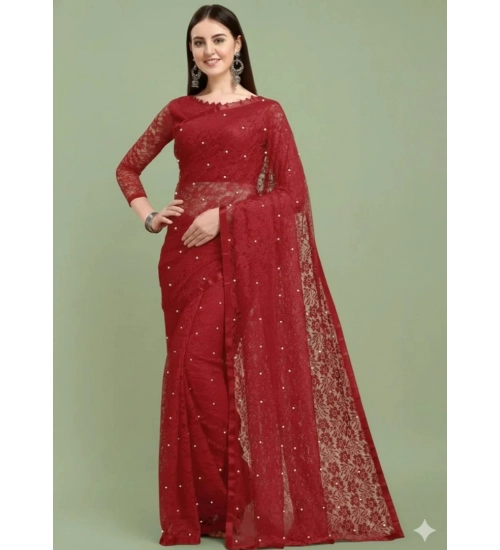 Women's Net Self Design Saree With Unstitched Blouse 5.5Mtr (Maroon)