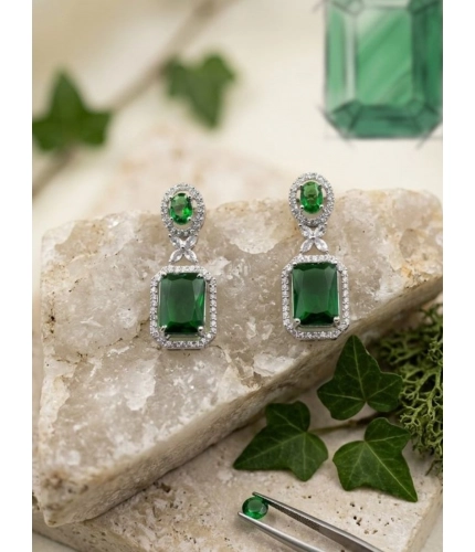 Women's Brass Silver Plated Drop Earrings (Green)