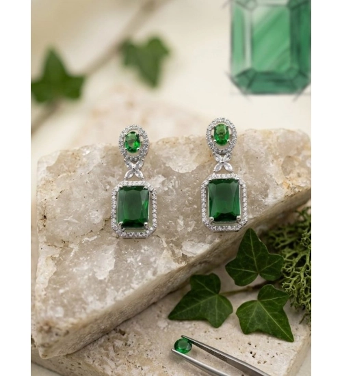 Women's Brass Silver Plated Drop Earrings (Green)