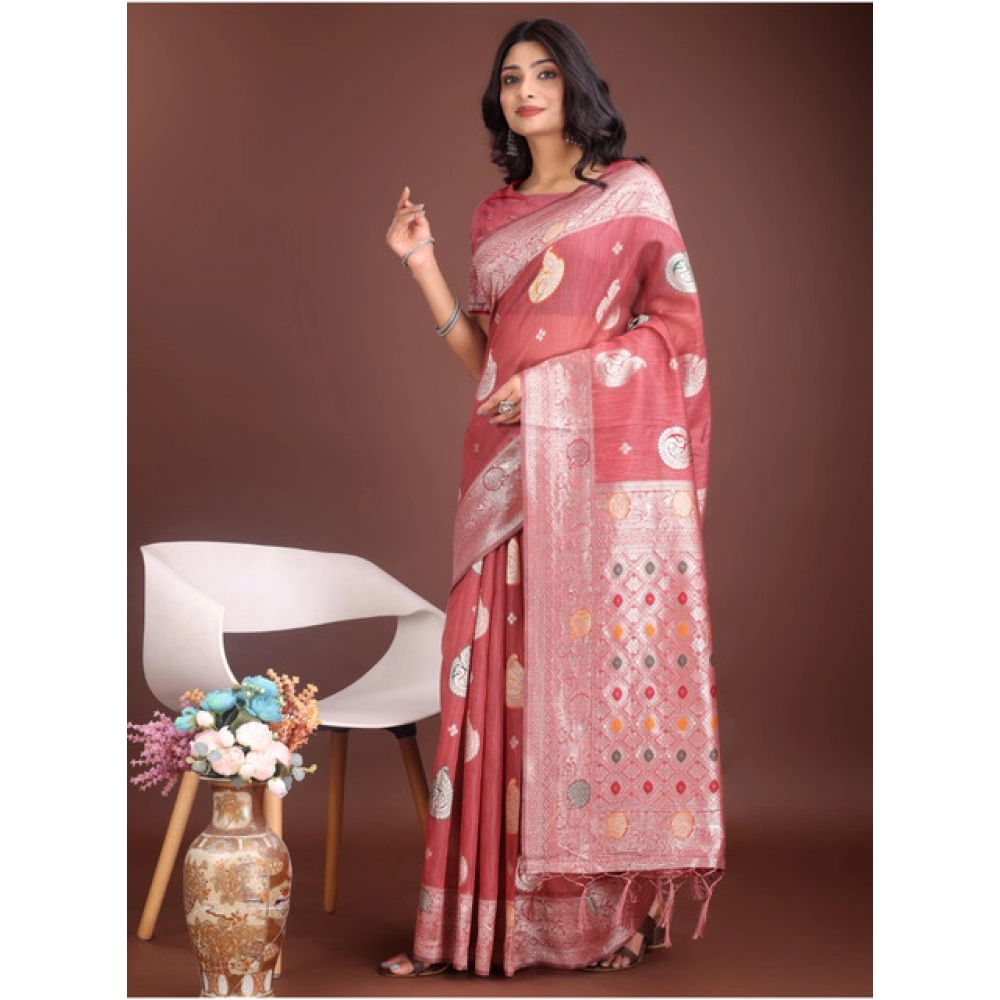 Women's Linen Cotton Printed Saree With Unstitched Blouse 5.5Mtr (Pink) Women's Linen Cotton Printed Saree With Unstitched Blouse 5.5Mtr (Pink)