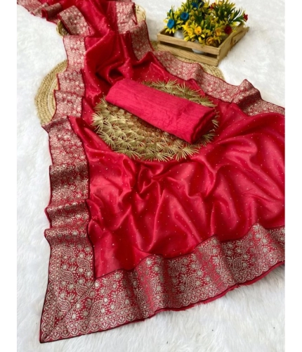Women's Silk Embroidred Saree With Unstitched Blouse 5.5Mtr (Pink)