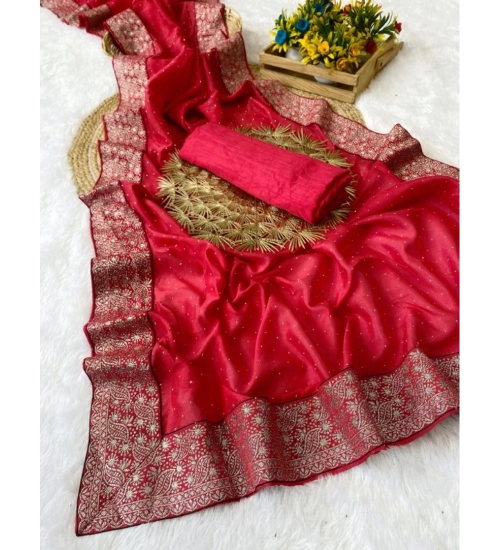 Women's Silk Embroidred Saree With Unstitched Blouse 5.5Mtr (Pink)