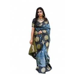 Women's Soft Lichi Silk Printed Saree With Unstitched Blouse 5.5Mtr (Grey)
