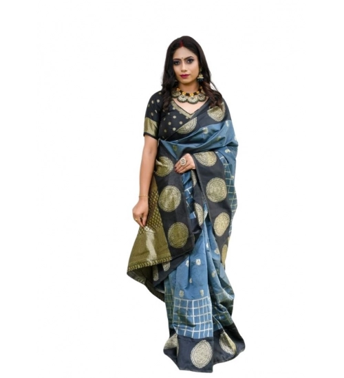 Women's Soft Lichi Silk Printed Saree With Unstitched Blouse 5.5Mtr (Grey)