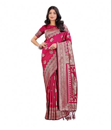 Women's Silk Printed Saree With Unstitched Blouse 5.5Mtr (Magenta)