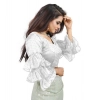 Women's Organza Solid V Neck Layered Ruffle Sleeve Readymade Blouse (White Free Size , up to 38–40 Bust)-PID65859