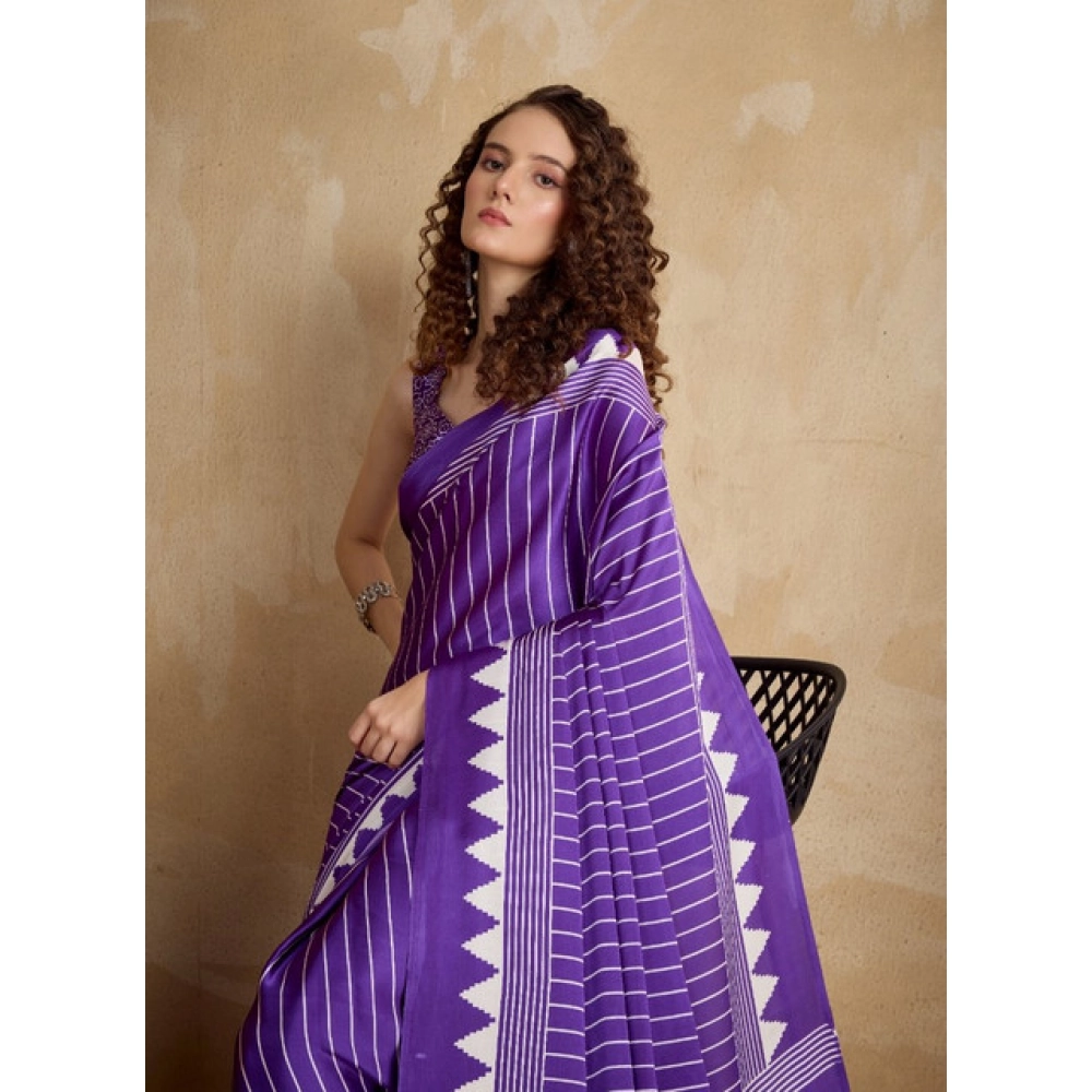 Women's Satin Crepe Printed Saree With Unstitched Blouse 5.5Mtr (Lavender)
