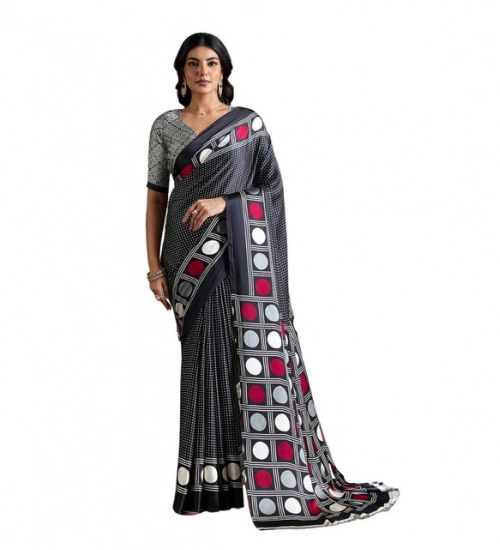 Women's Satin Crepe Printed Saree With Unstitched Blouse 5.5Mtr (Black)