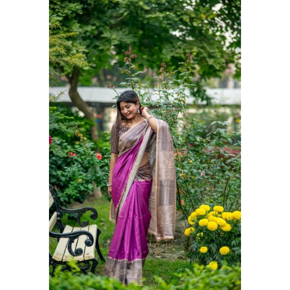 Women's Faux_Tussar Geometric_Print Saree With Unstitched Blouse 5.5Mtr (Purple) Women's Faux_Tussar Geometric_Print Saree With Unstitched Blouse 5.5Mtr (Purple)