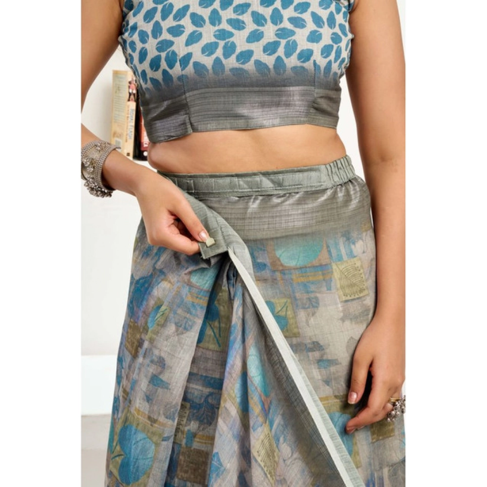 Women's Linen Cotton Printed Ready To Wear Saree With Unstitched Blouse 5.5 Mtr (Grey)