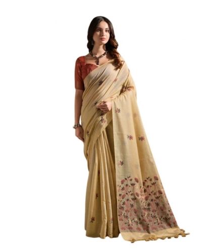Women's Blended_Cotton Floral Saree With Unstitched Blouse 5.5Mtr (Beige) Women's Blended_Cotton Floral Saree With Unstitched Blouse 5.5Mtr (Beige)