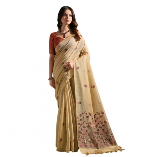 Women's Blended_Cotton Floral Saree With Unstitched Blouse 5.5Mtr (Beige)