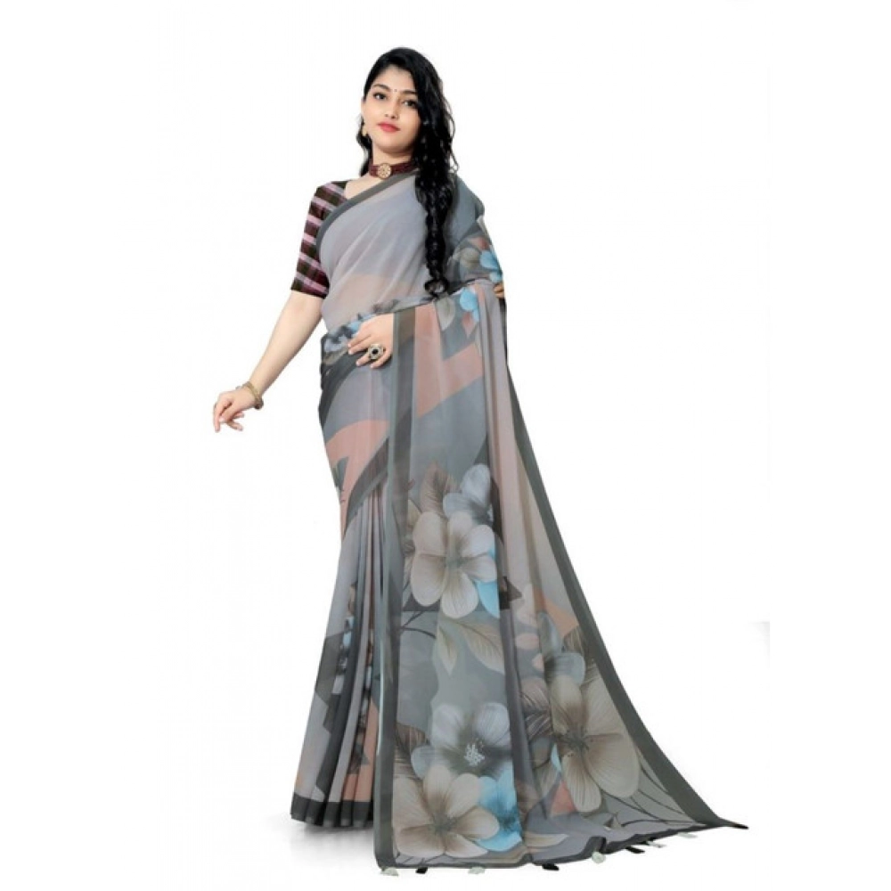 Women's Georgette Floral Printed Saree With Unstitched Blouse 5.5Mtr (Grey) Women's Georgette Floral Printed Saree With Unstitched Blouse 5.5Mtr (Grey)